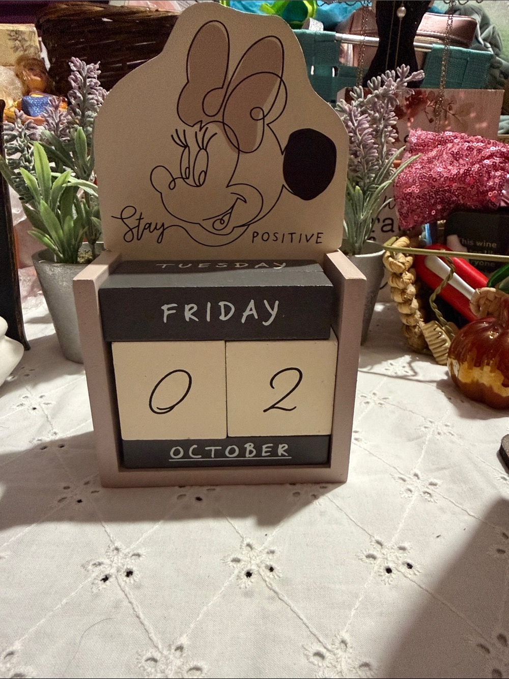 Minnie Mouse Stay Positive Wooden Perpetual Calendar - Beige & Black